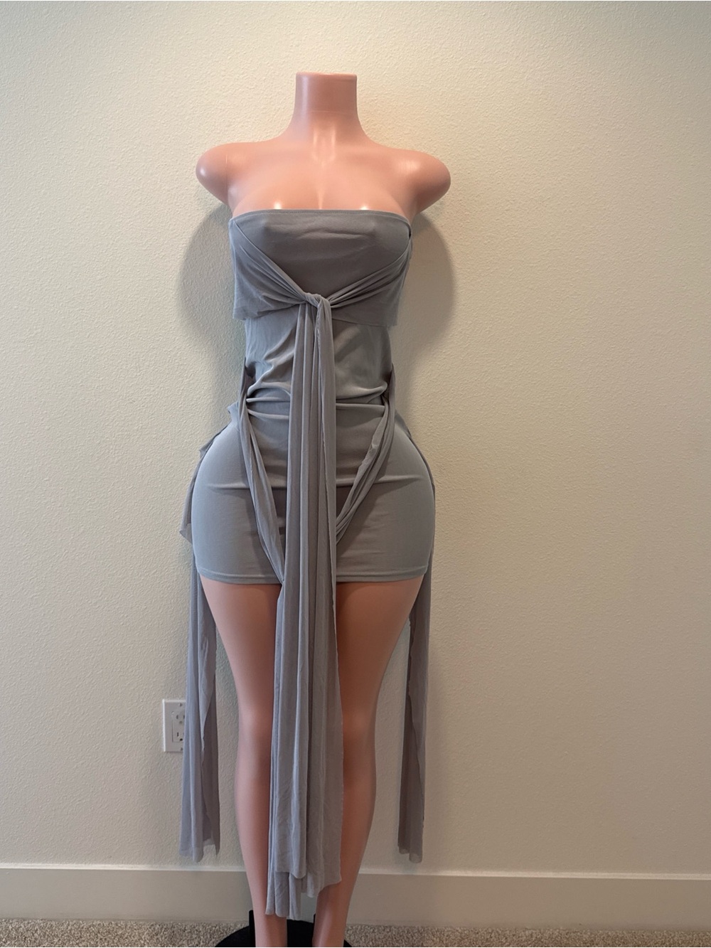 Strapless Gray Tie-Front Mini Dress